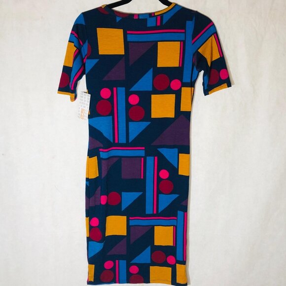 LuLaRoe Julia dress geometric blue yellow purple polyester size xs READ new - Picture 9 of 11